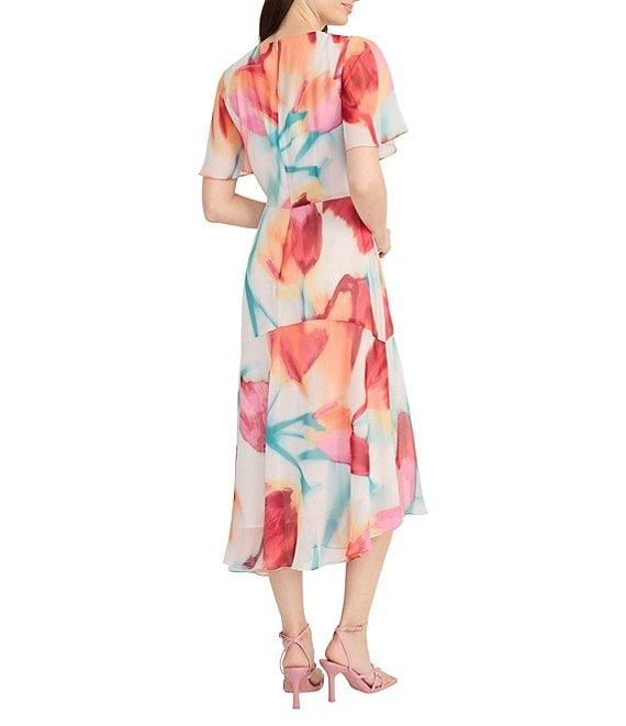 Maggy London Crew Neck Short Sleeve Abstract Floral Print Asymmetrical Hem Midi Dress Product Image