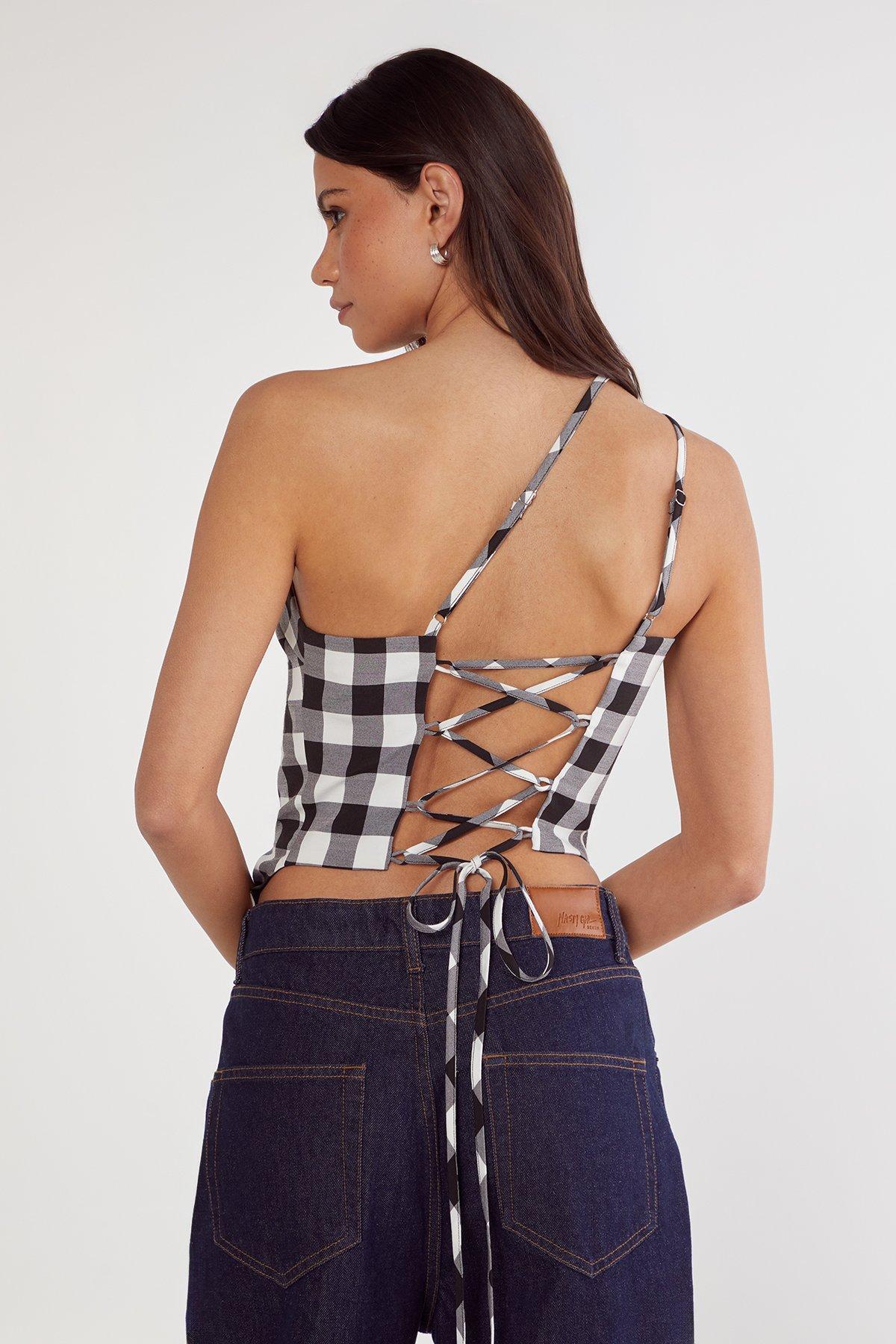Gingham Tailored Asym Neck Top Product Image