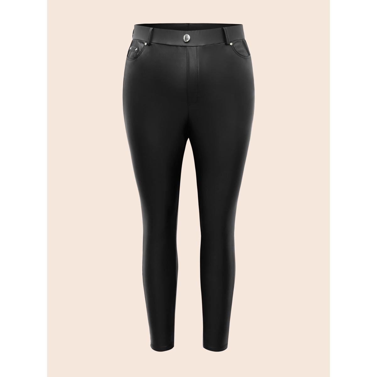 Plus Size PU Leather Button Detail Mid Rise Pants Women Black Casual Skinny Mid Rise Everyday Pants BloomChic 14-16/1X Product Image