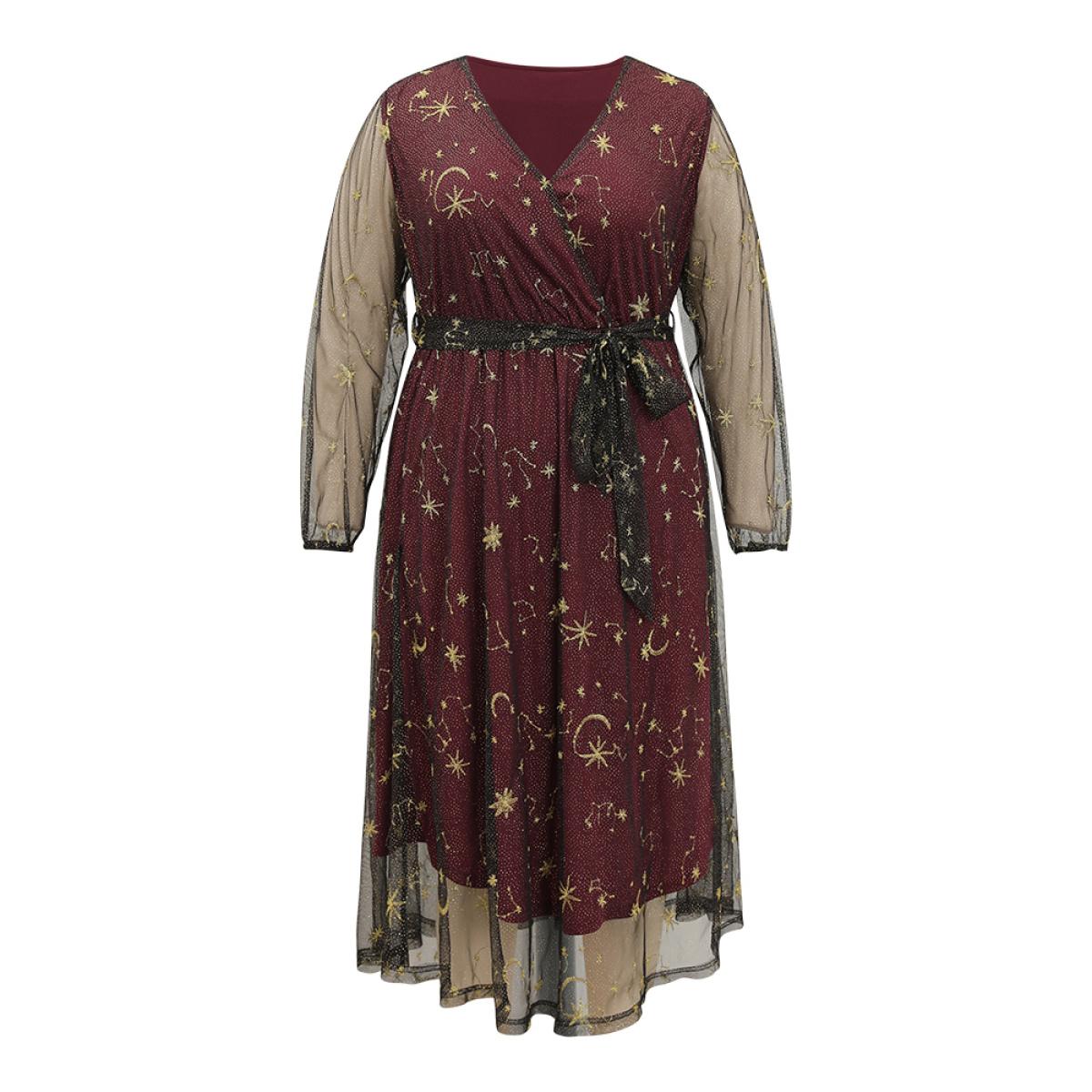 Plus Size Moon & Star Embroidered Mesh Wrap Dress Scarlet Women Party Elastic cuffs Overlap Collar Long Sleeve Curvy Midi Dress BloomChic 28/5X Product Image