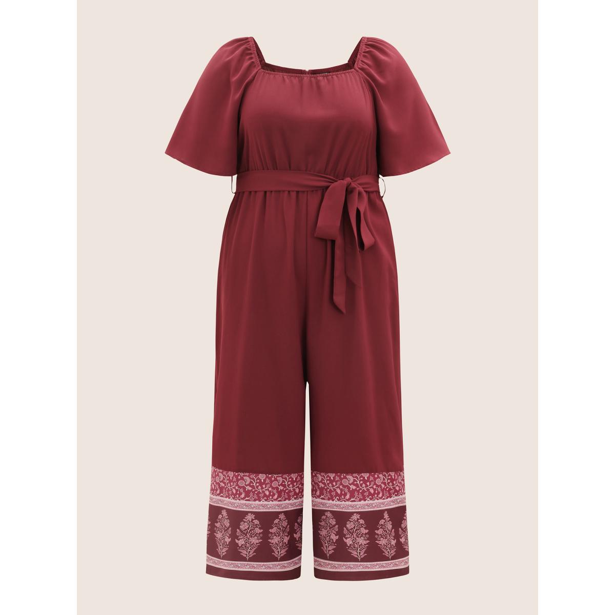 Plus Size Burgundy Bandana Print Gathered Belted Square Neck Jumpsuit Women Resort Short sleeve Square Neck Vacation Loose Jumpsuits BloomChic 28/5X Product Image