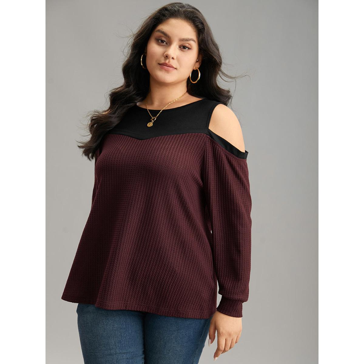 Plus Size Cold Shoulder Patchwork Contrast Waffle Knit T-shirt Burgundy Women Casual Waffle Knit Plain Cold Shoulder Dailywear T-shirts BloomChic 10/M Product Image