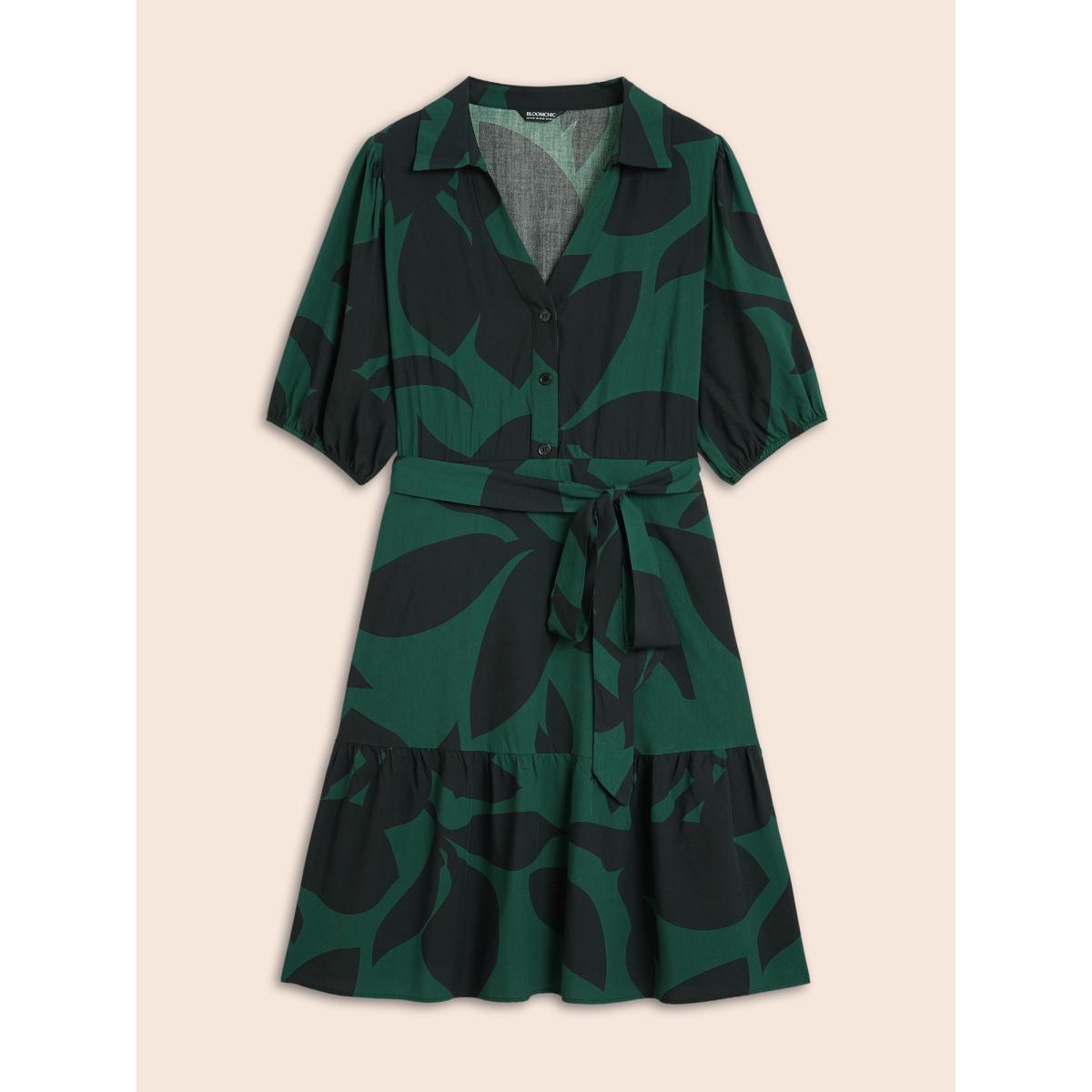 Plus Size Plant Pocket Puff Sleeve Belt Ruffle Hem Button Up Dress DarkGreen Women Office Belted Shirt collar Short sleeve Curvy Knee Dress BloomChic 22-24/3X Product Image