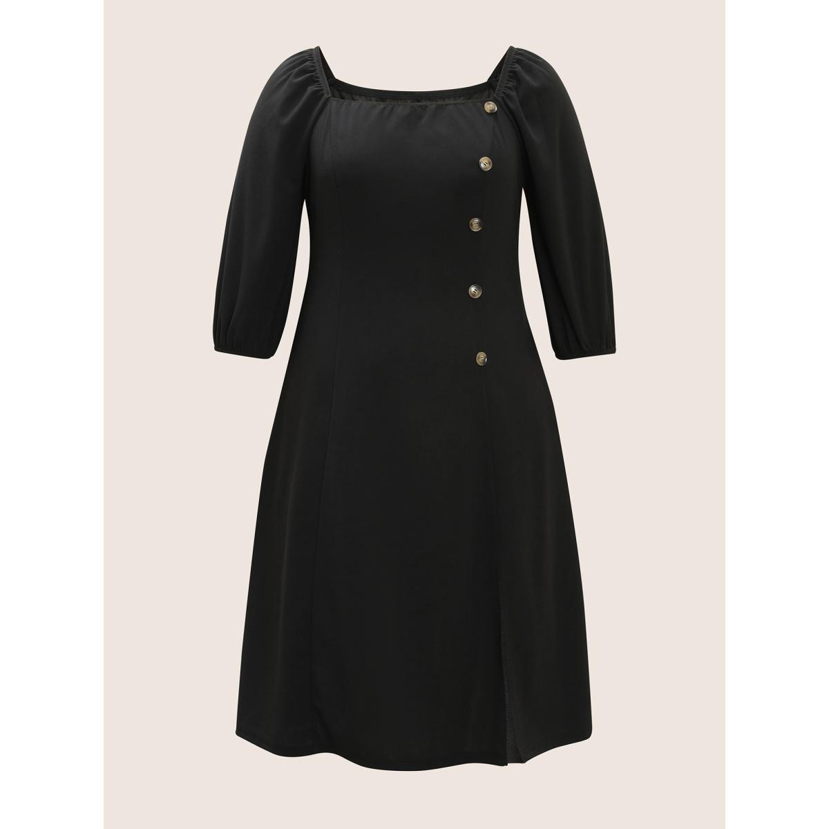 Plus Size Square Neck Button Detail Gathered Split Side Dress Black Women Workwear Essentials Non Square Neck Elbow-length sleeve Curvy Midi Dress BloomChic 18-20/2X Product Image