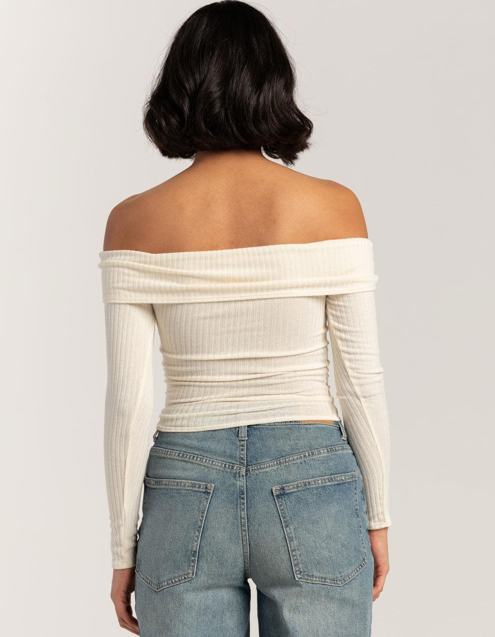 FULL TILT Fold Over Rib Off The Shoulder Womens Top - HEATHER GRAY Product Image