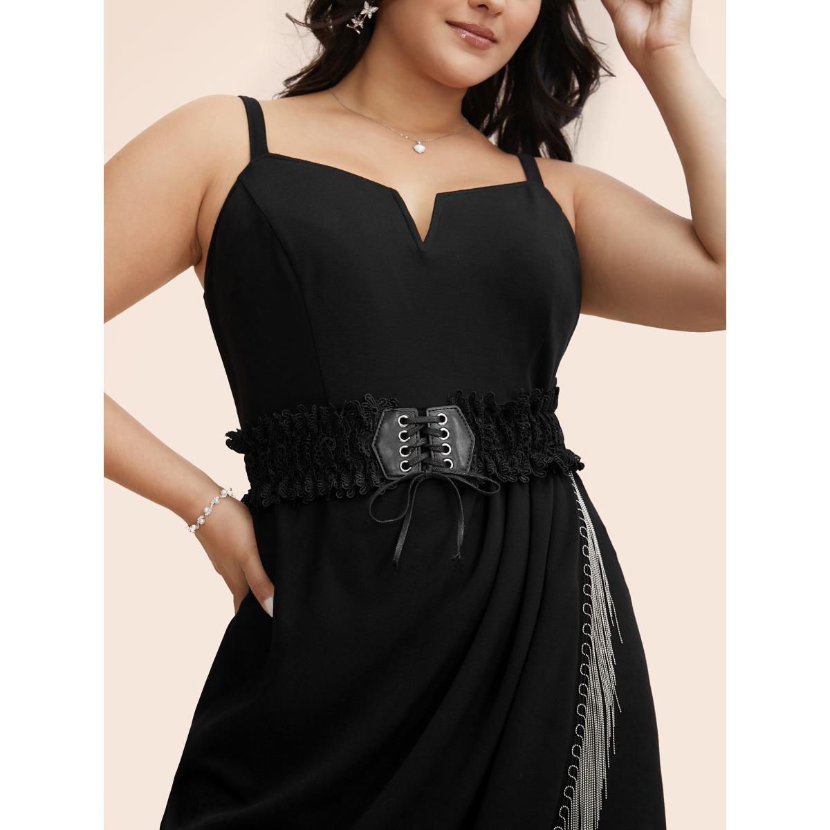 Plus Size Notched Collar Tassel Trim Cami Dress Cyan Women Cocktail Tassels Notched collar Sleeveless Curvy BloomChic 14-16/1X Product Image