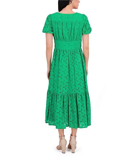 Kensie V-neck Short Sleeve Twist Front Flounce Hem Cotton Eyelet A-Line Midi Dress Product Image