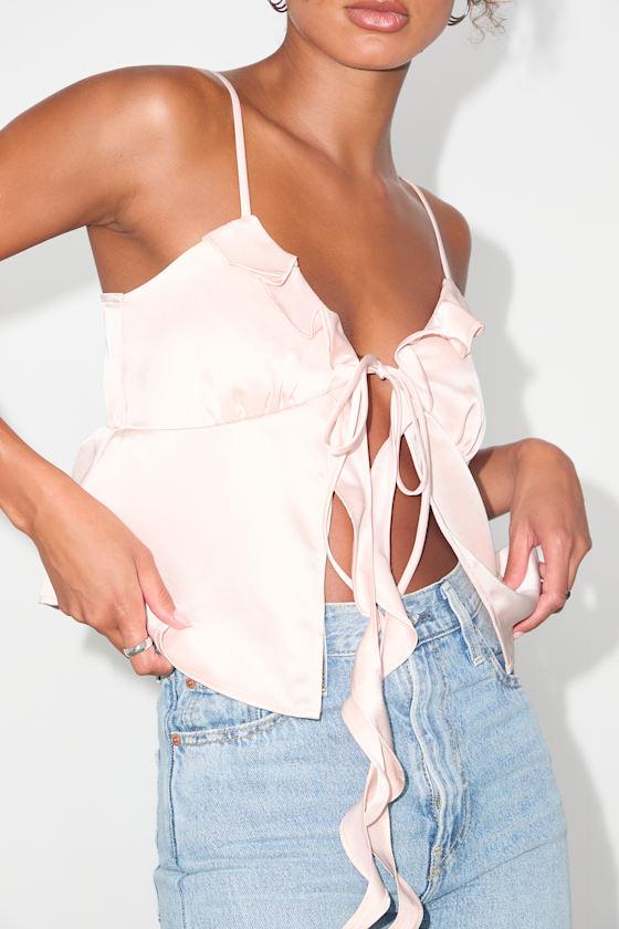 Elsie Blush Satin Tie-Front Ruffled Cami Top Product Image