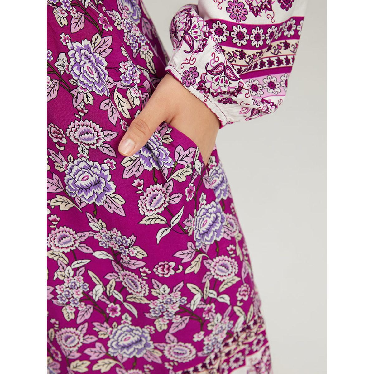 Plus Size Bandana Print Pocket V Neck Shirred Dress Purple Women Vacation Elastic cuffs V-neck Long Sleeve Curvy Midi Dress BloomChic 14-16/1X Product Image