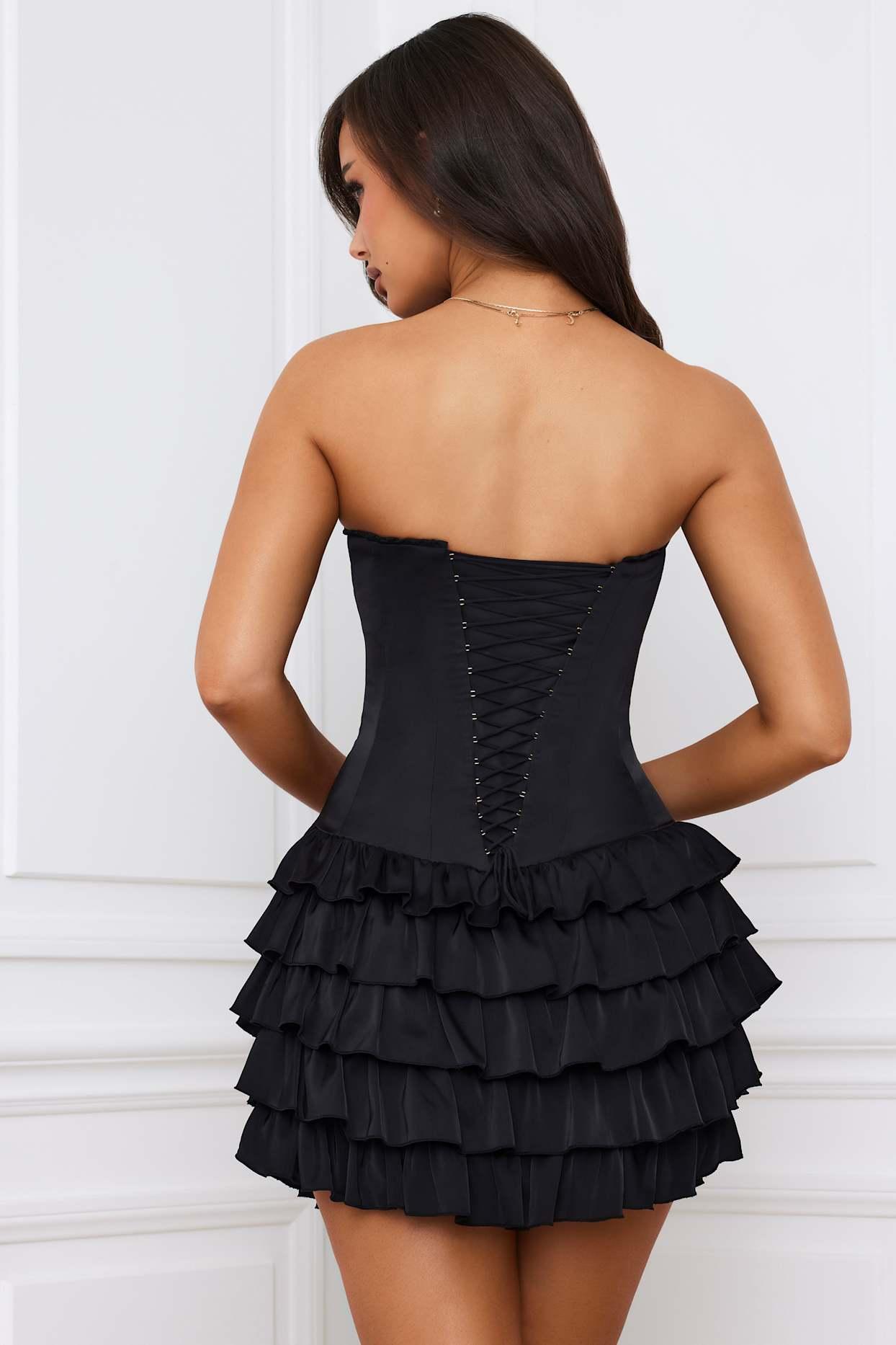 Bandeau Ruffled Tiered Corset Mini Dress in Black Product Image