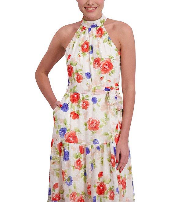 Anne Klein Halter Neck Sleeveless Floral Print Maxi Dress Product Image