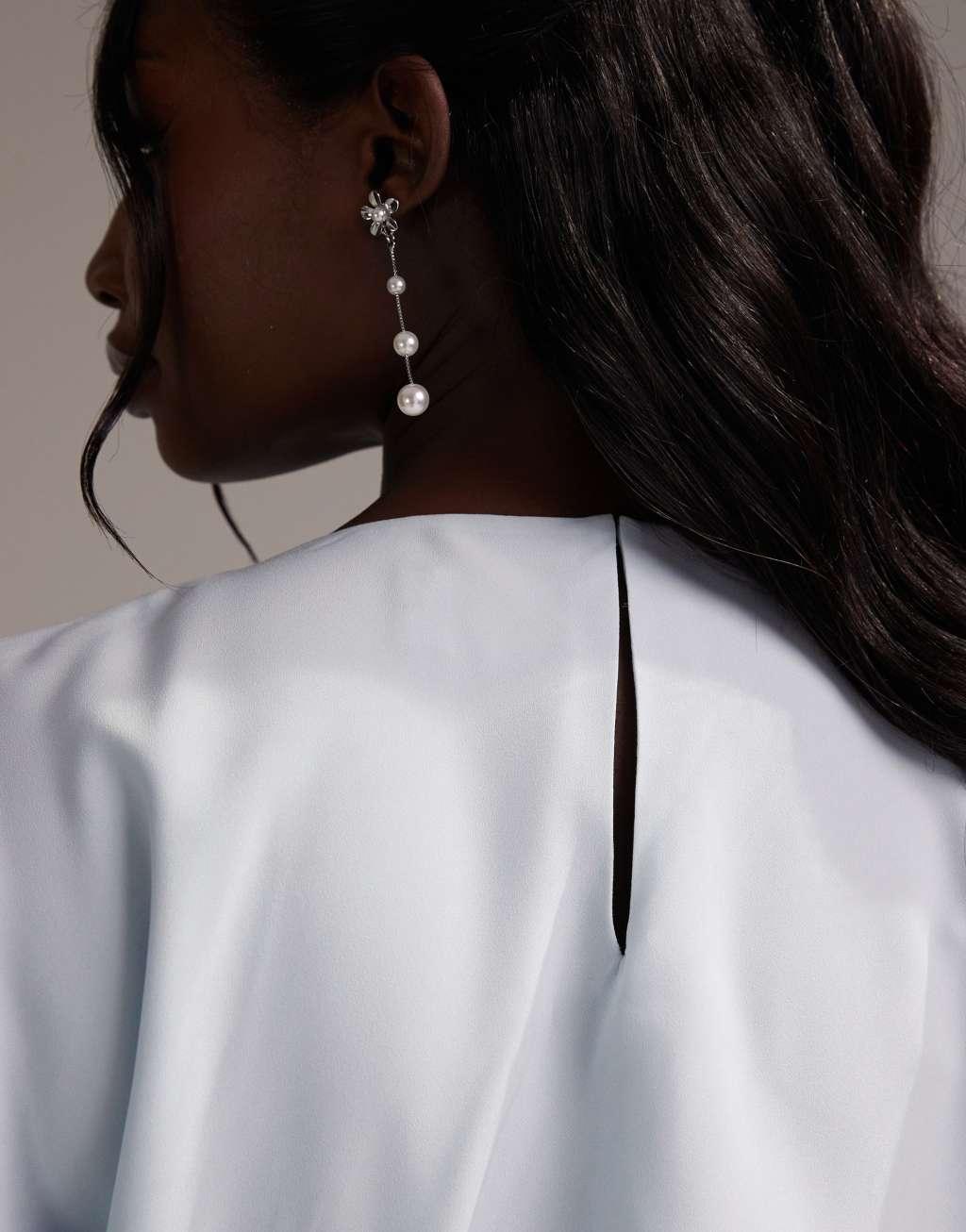 ASOS DESIGN Curve Bridesmaids slash neck crepe t-shirt sleeve minimal drape maxi dress in light blue Product Image