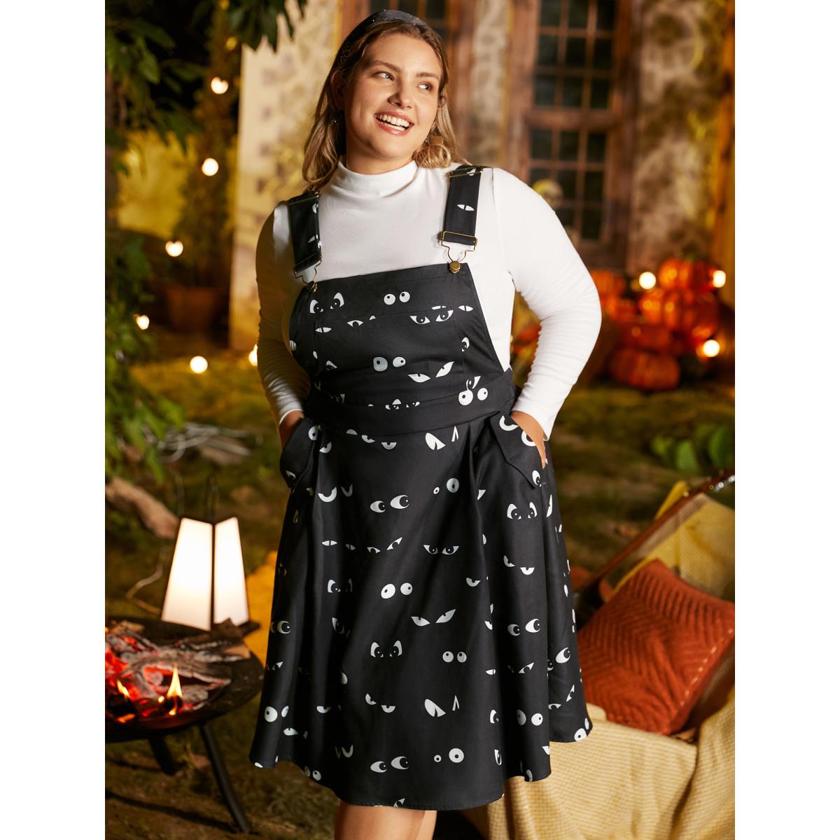 Plus Size Bat Eyes Overall Straps Skirt Midi Dress Black Women Cocktail Non Party Curvy Bloomchic 22-24/3X Product Image