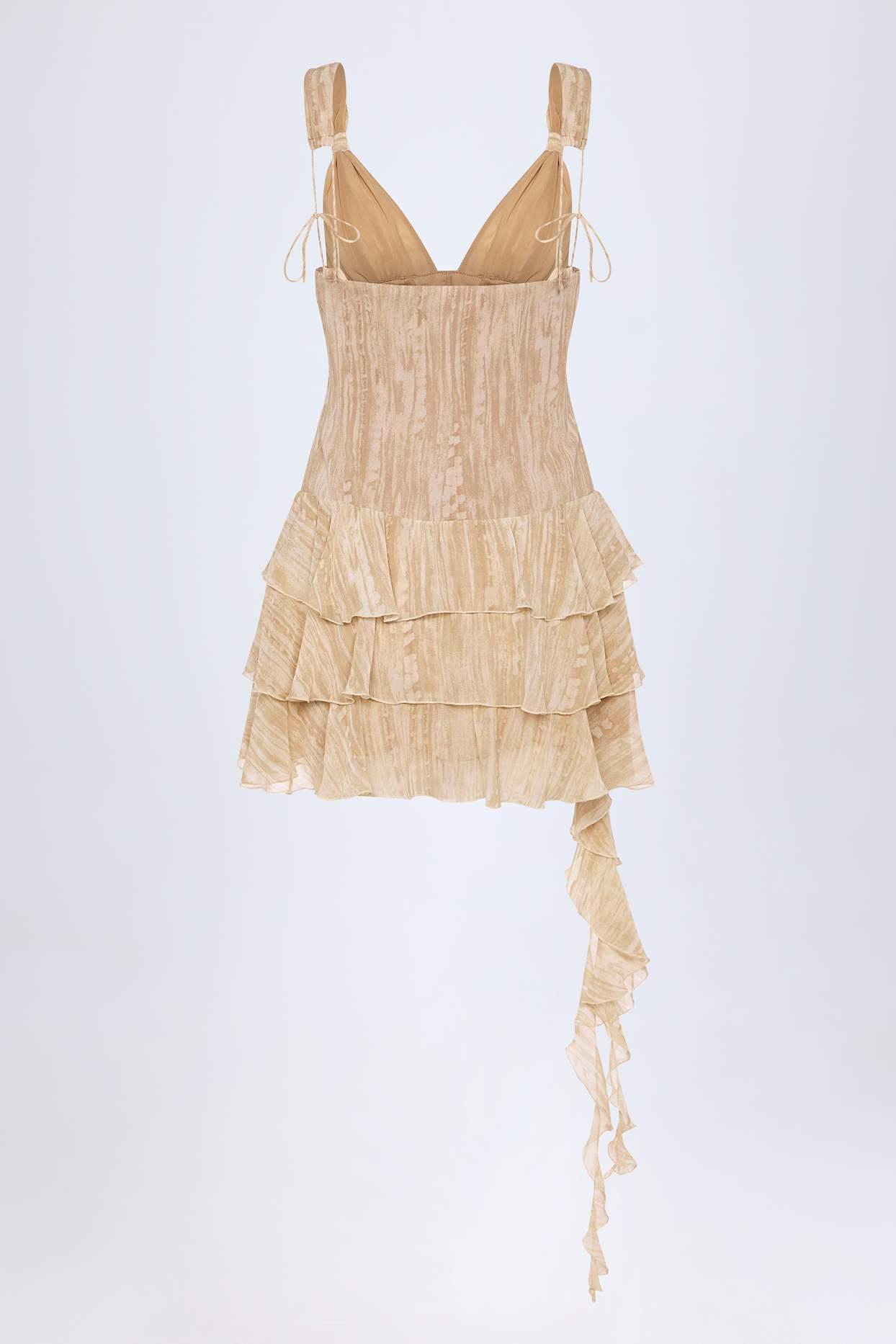 Lace-Up Ruffled Tiered Mini Dress in Tan Print Product Image