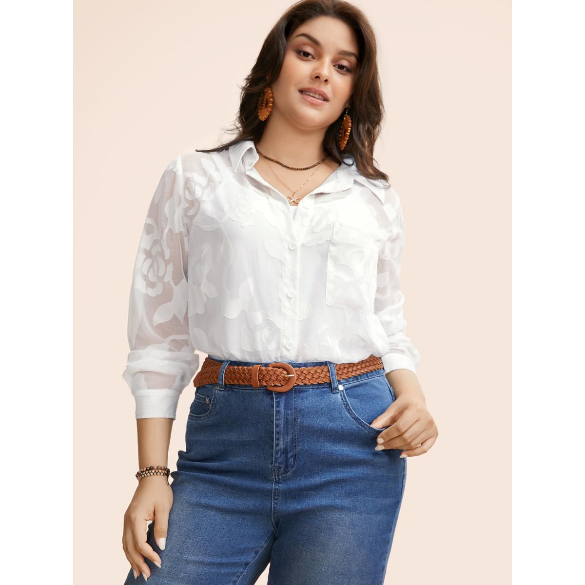 Plus Size Originalwhite Shirt Collar Floral Mesh Blouse Women Resort Extra Long Sleeve Shirt collar Vacation Blouses BloomChic 14-16/1X Product Image