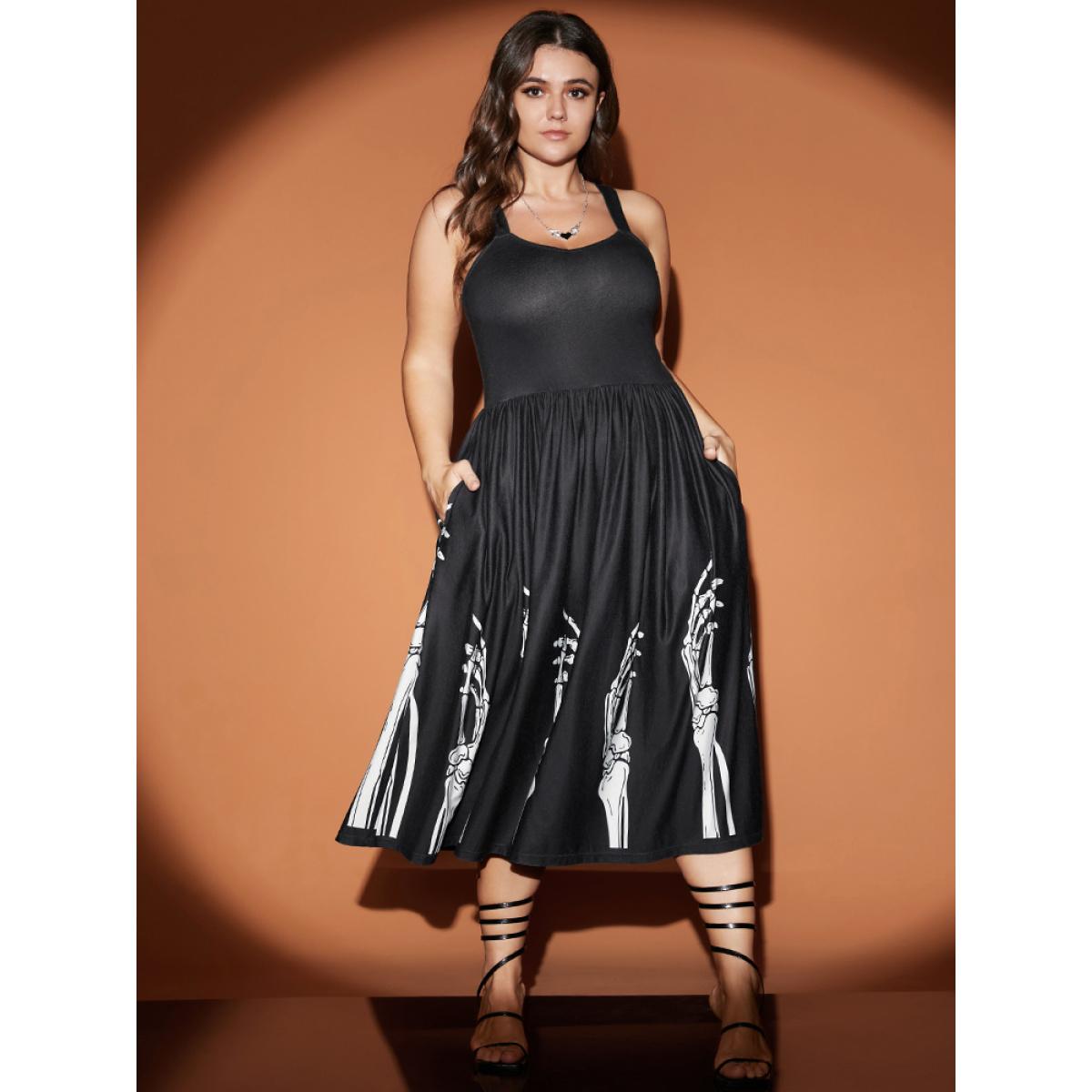 Plus Size Halloween Skeleton Print Pocket Flutter Hem Cami Dress Black Women Elegant Pocket Spaghetti Strap Sleeveless Curvy Midi Dress BloomChic 14-16/1X Product Image