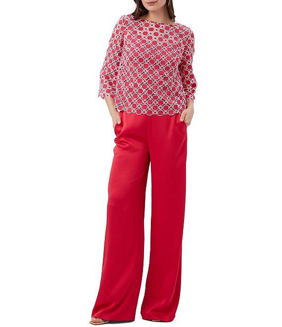 Trina Turk Sun Geometric Lace Boat Neck 3/4 Bell Sleeve Top Product Image