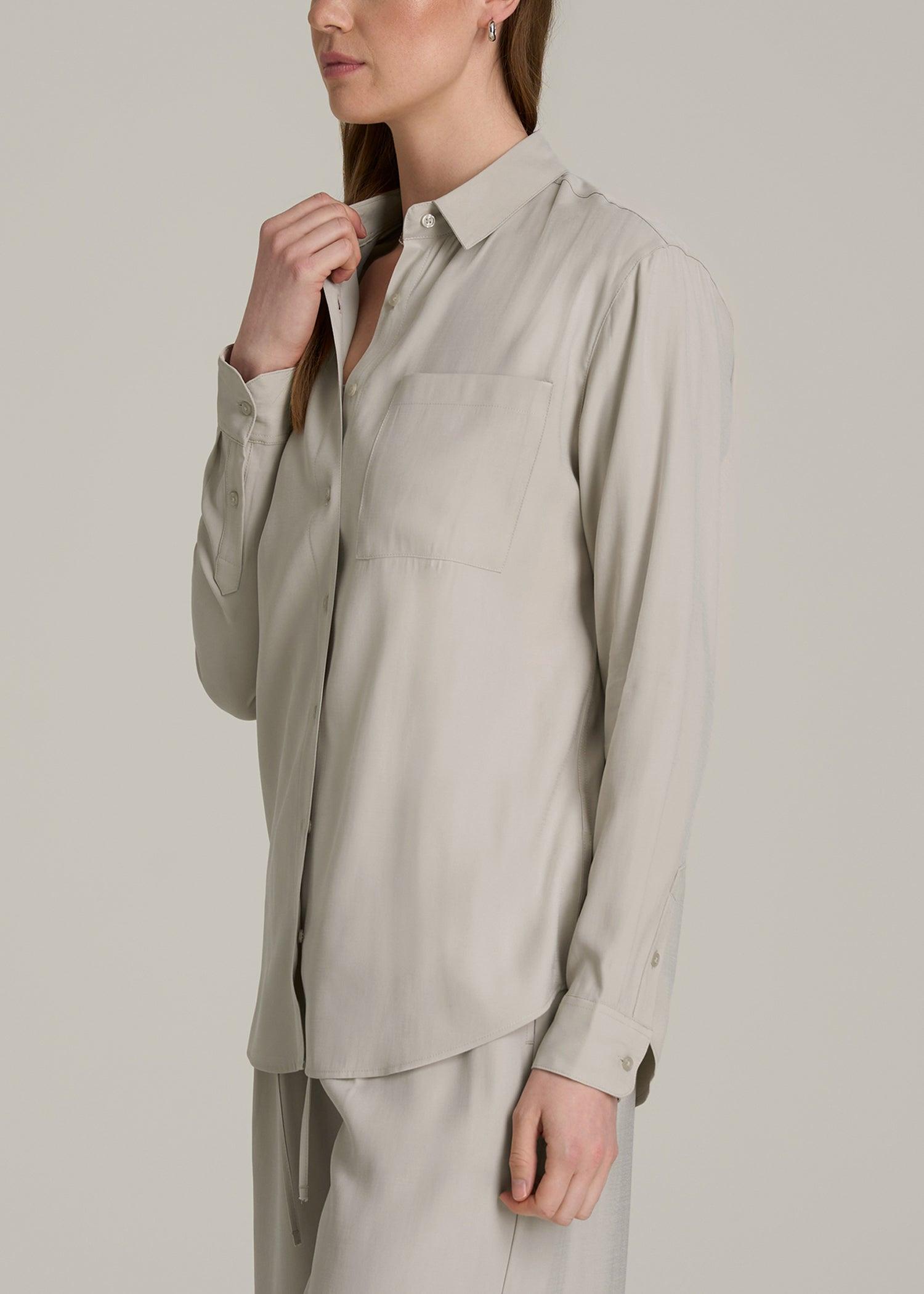 Relaxed Button-Up Single-Pocket Blouse for Tall Women in Stone Female Product Image