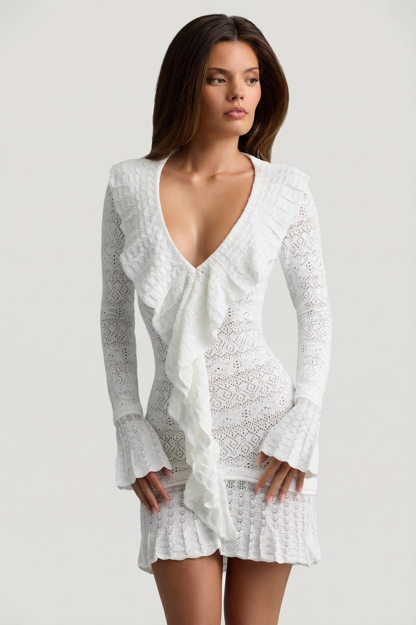 Ruffle-Trim Pointelle-Knit Mini Dress in White Product Image