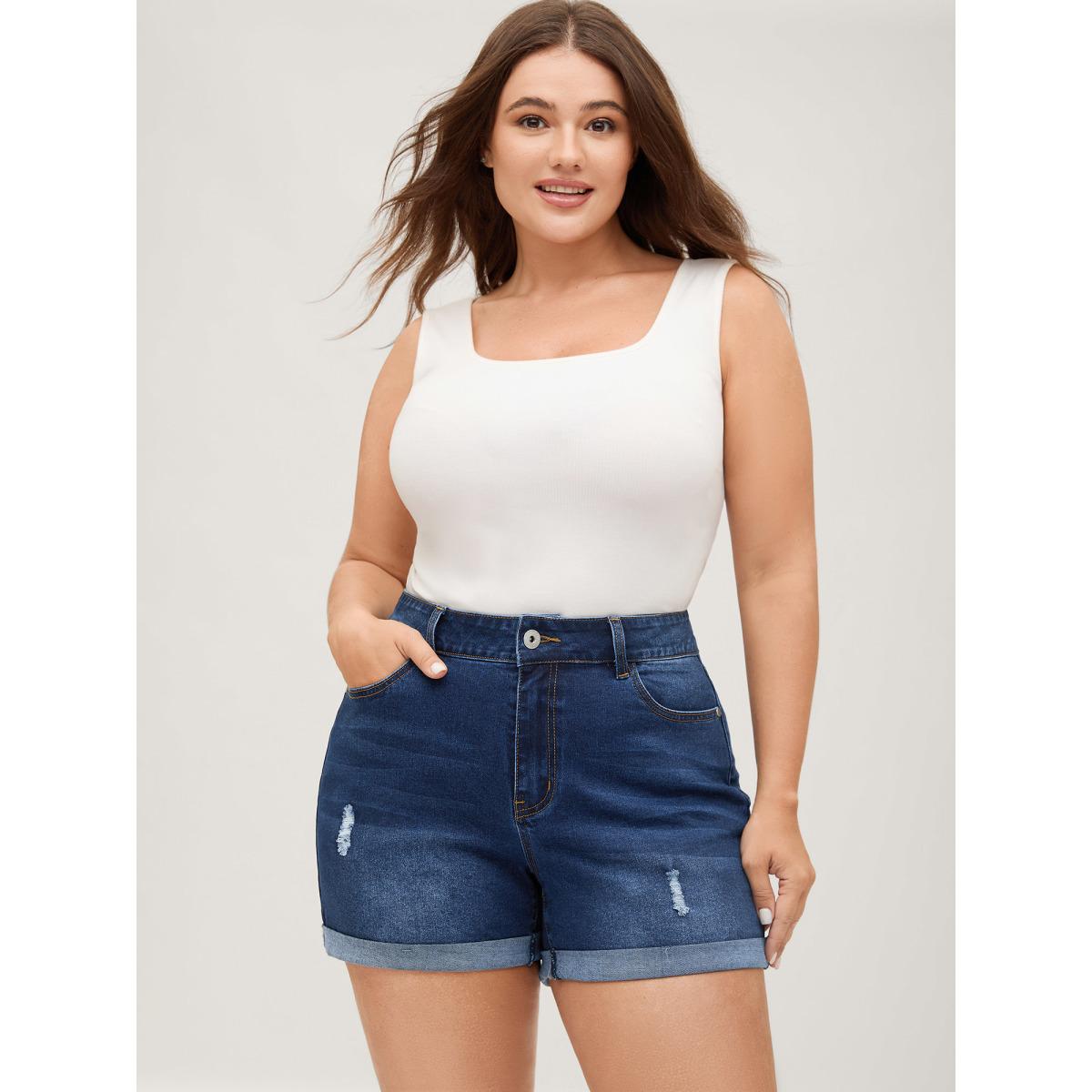 Plus Size Stretchy Ripped Skinny Fit Denim Shorts Women Darkindigo Distressed Medium stretch Casual Slanted pocket Leisure Denim Shorts BloomChic 14/1X Product Image