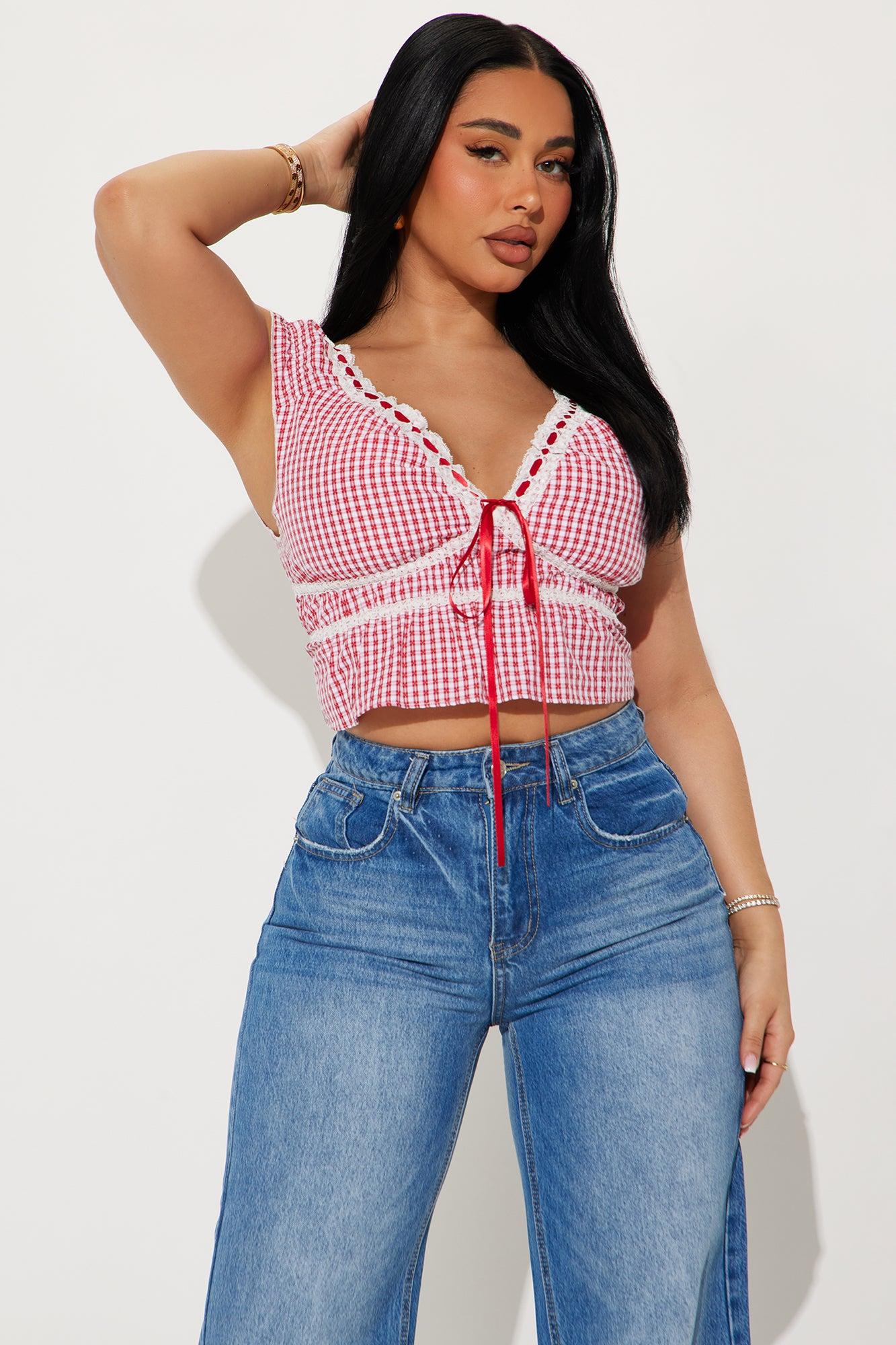 Picnic Walk Gingham Top - Red/White Product Image