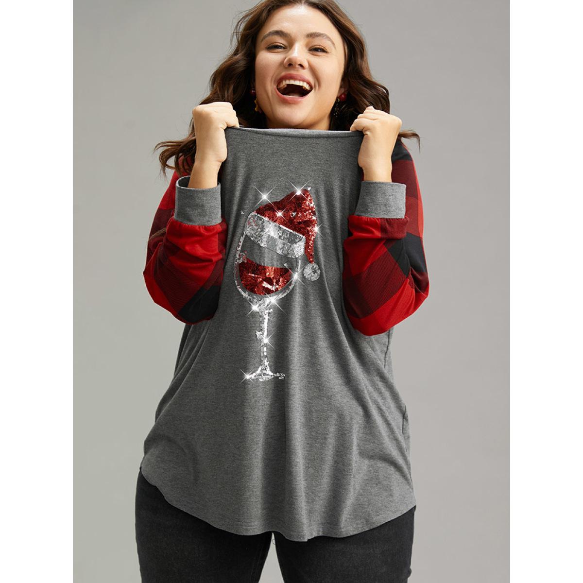 Plus Size Christmas Sequin Plaid Patchwork T-shirt Gray Women Casual Sequin Christmas Festival-Christmas T-shirts BloomChic 10/M Product Image