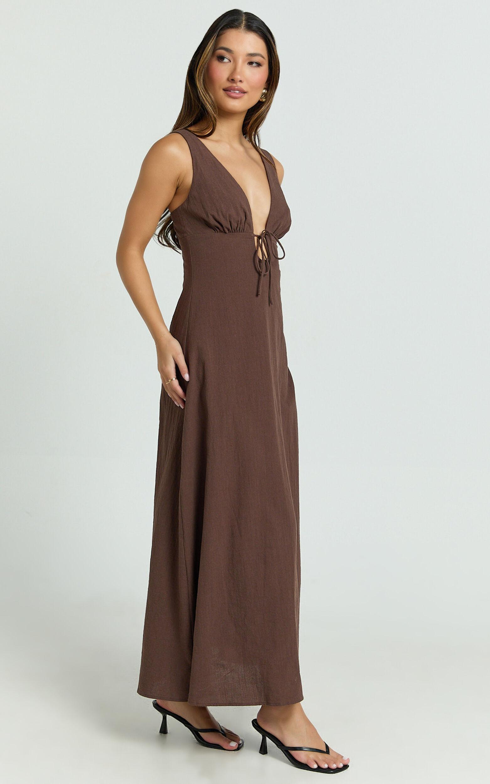 Silvena Midi Dress - Plunge Neckline Tie Front A Line Dress in Chocolate Product Image