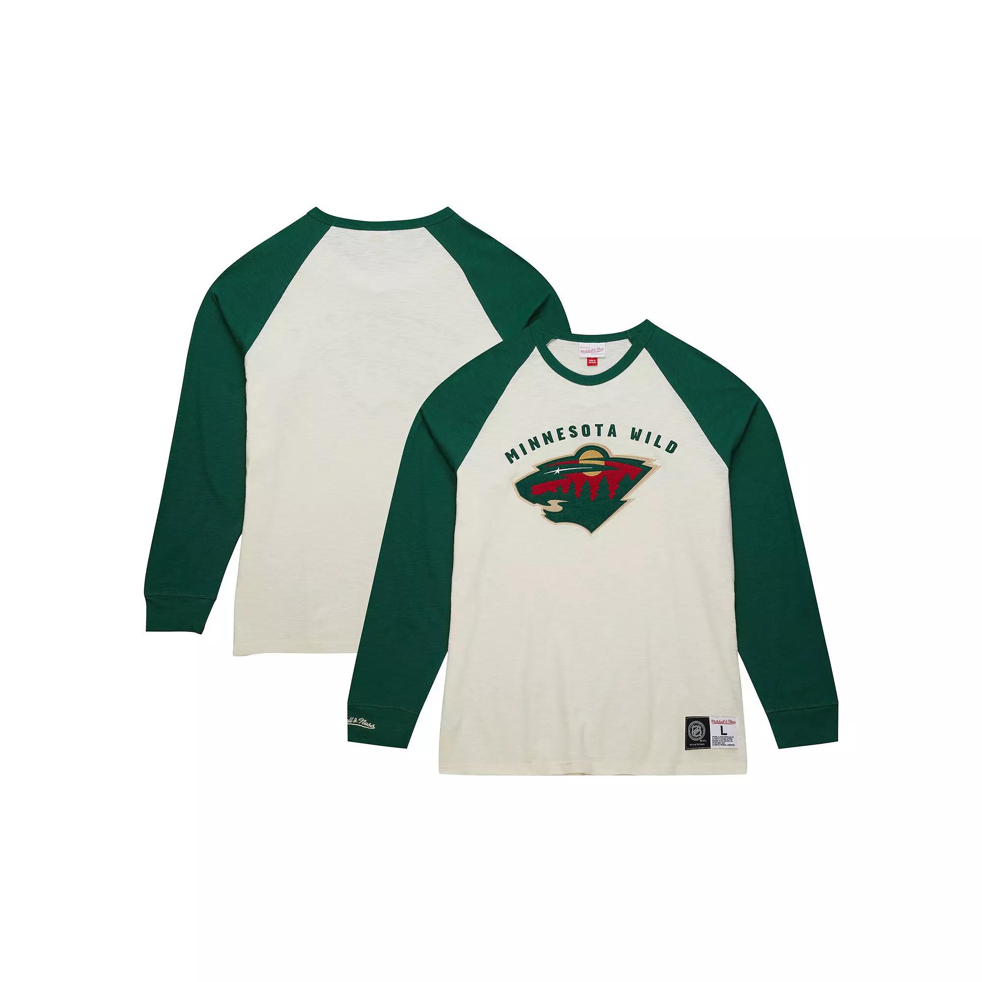 Men's Mitchell & Ness Cream Minnesota Wild Legendary Slub Vintage Raglan Long Sleeve T-Shirt,  Product Image