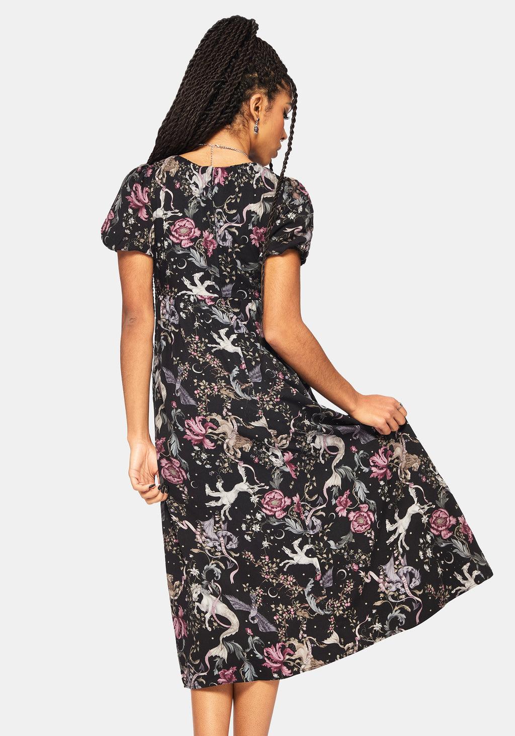 Merunicorn Enchanted Forest Print Puff Sleeve Midi Dress Product Image