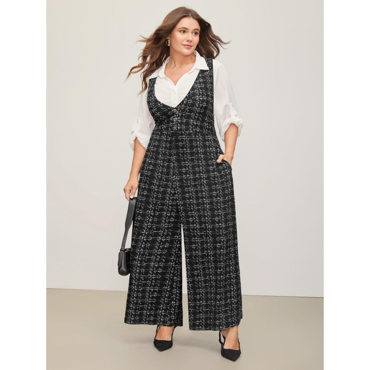Plus Size Black Plaid Tweed Crisscross Back Button Detail Jumpsuit Women Work From Home Sleeveless Non Work Loose Jumpsuits BloomChic 30/6X Product Image