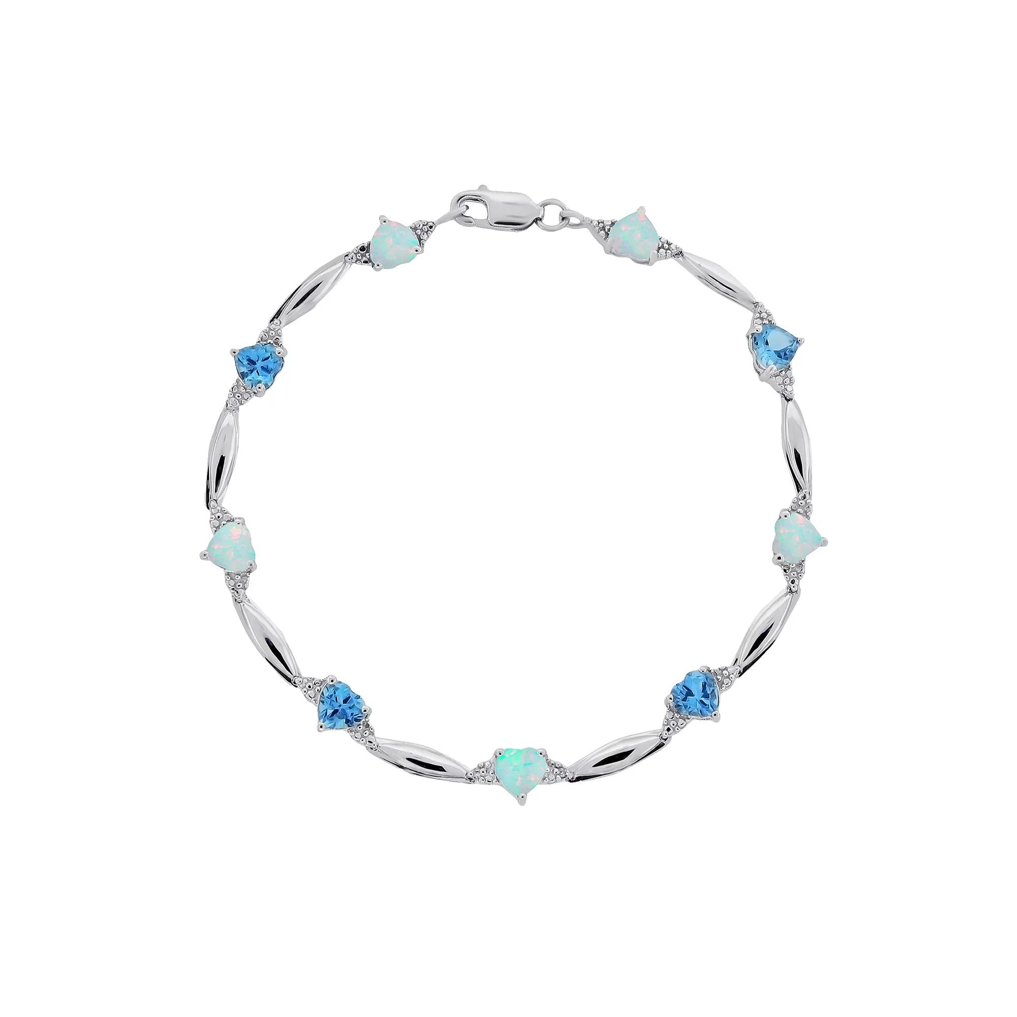 Gemminded Sterling Silver Blue Topaz, Lab-Created Opal and Diamond Accent Heart Bracelet, Women's, Size: 7.5" Product Image