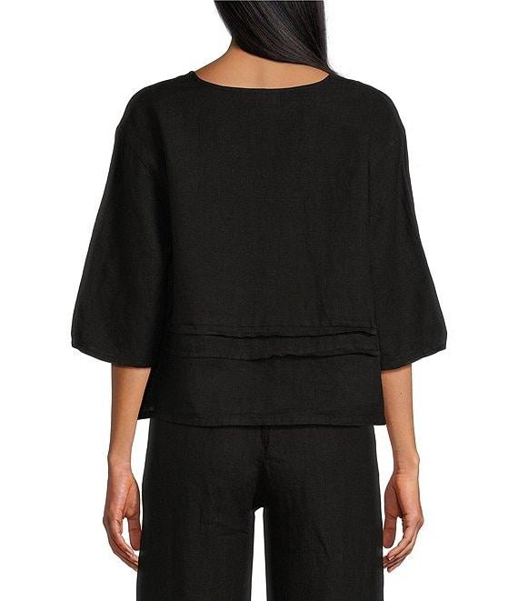 Bryn Walker Light Linen Round Neck 3/4 Sleeve Pintuck Detail Shirt Product Image