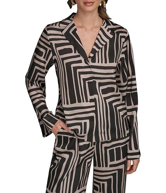 Donna Karan Coordinating Printed Satin Back Crape Notch Collar Long Sleeve Button Front Shirt Product Image