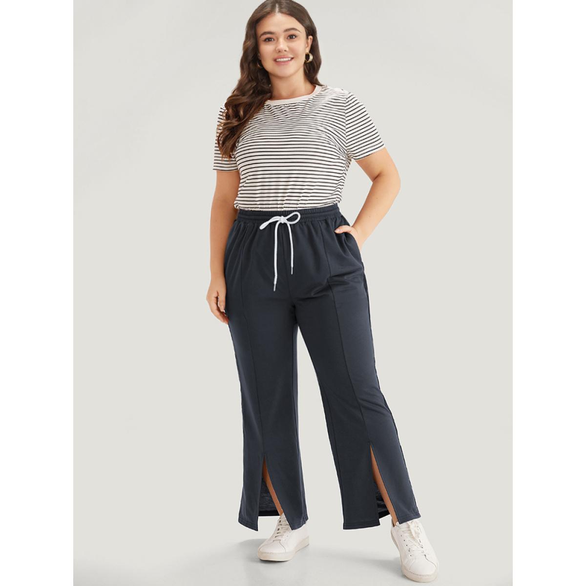 Contrast Patchwork Pocket Drawstring Split Hem Sweatpants SlateGray Plus Size Women Casual Everyday Contrast 10/M Bloomchic Product Image