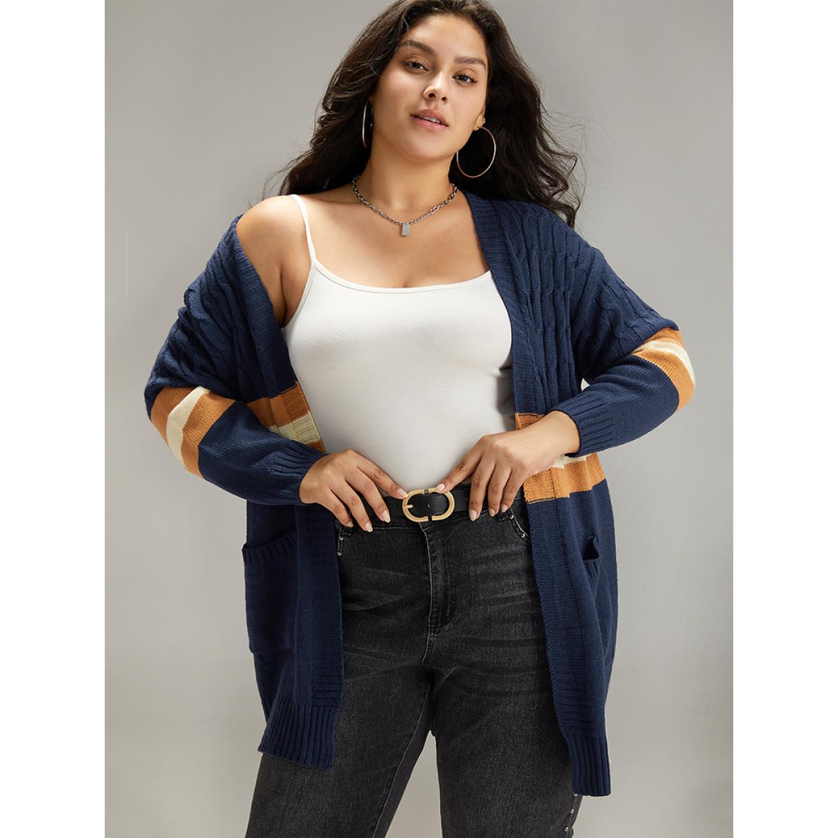 Plus Size Cable Knit Colorblock Contrast Open Front Cardigan Multicolor Women Casual Loose Long Sleeve Dailywear Cardigans BloomChic 28/5X Product Image
