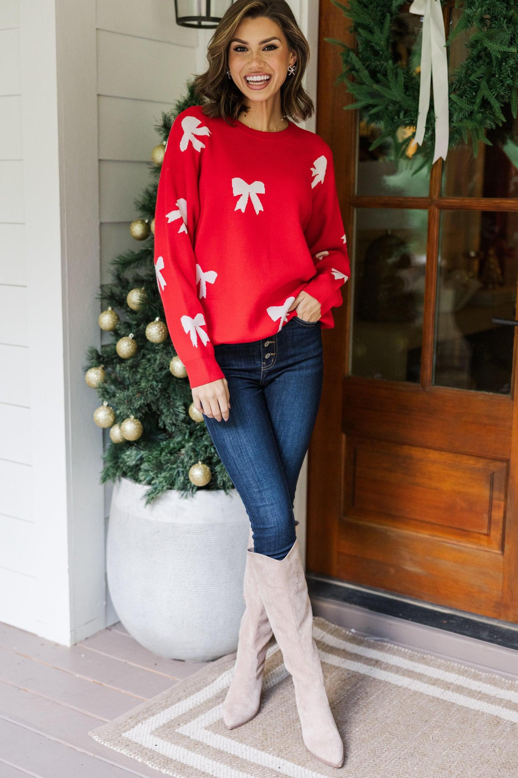 Tied With A Bow Red Ribbon Print Sweater Female Product Image