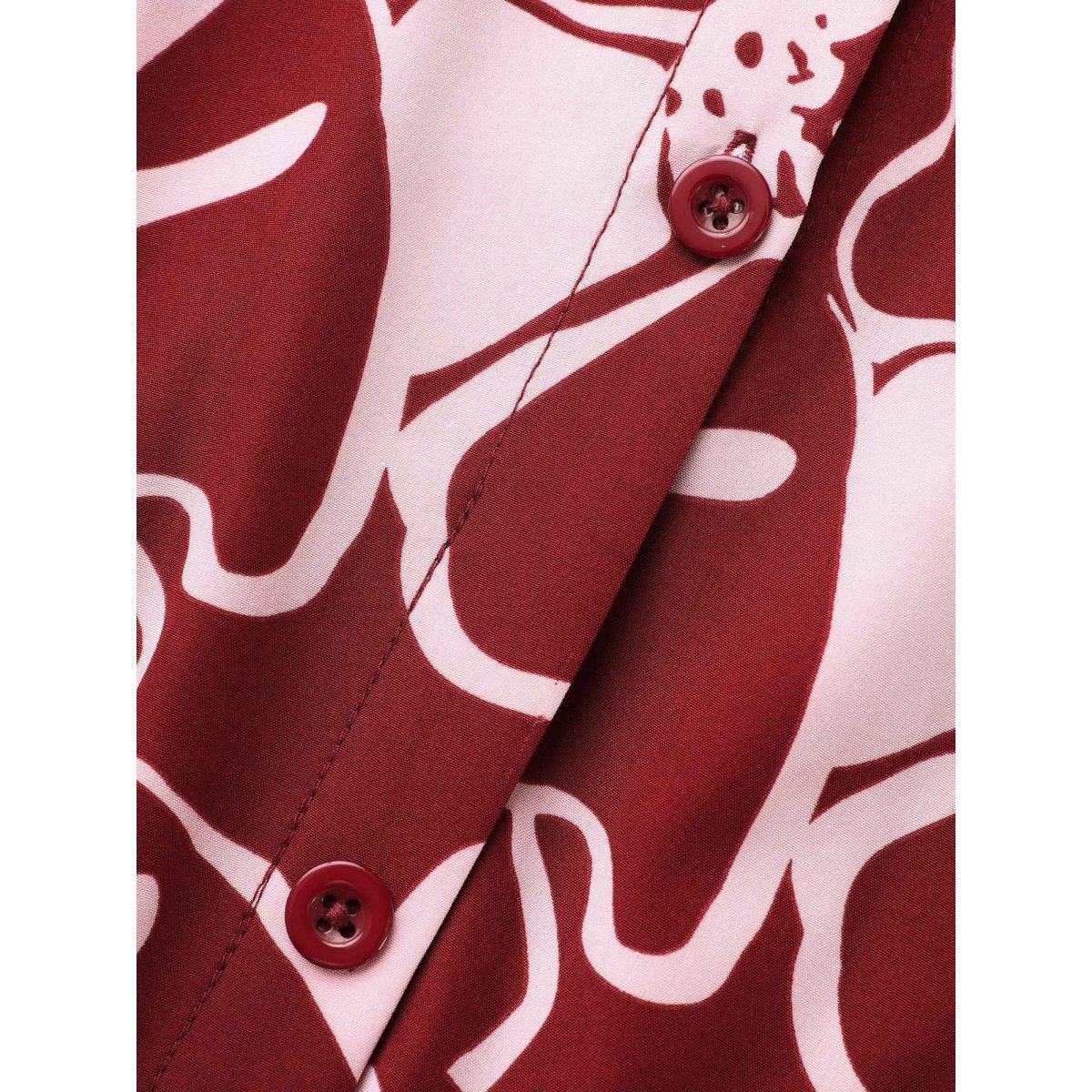 Plus Size Floral Button Up Belted Dress Burgundy Women Timeless Belted Round Neck Long Sleeve Curvy BloomChic 26/4X Product Image