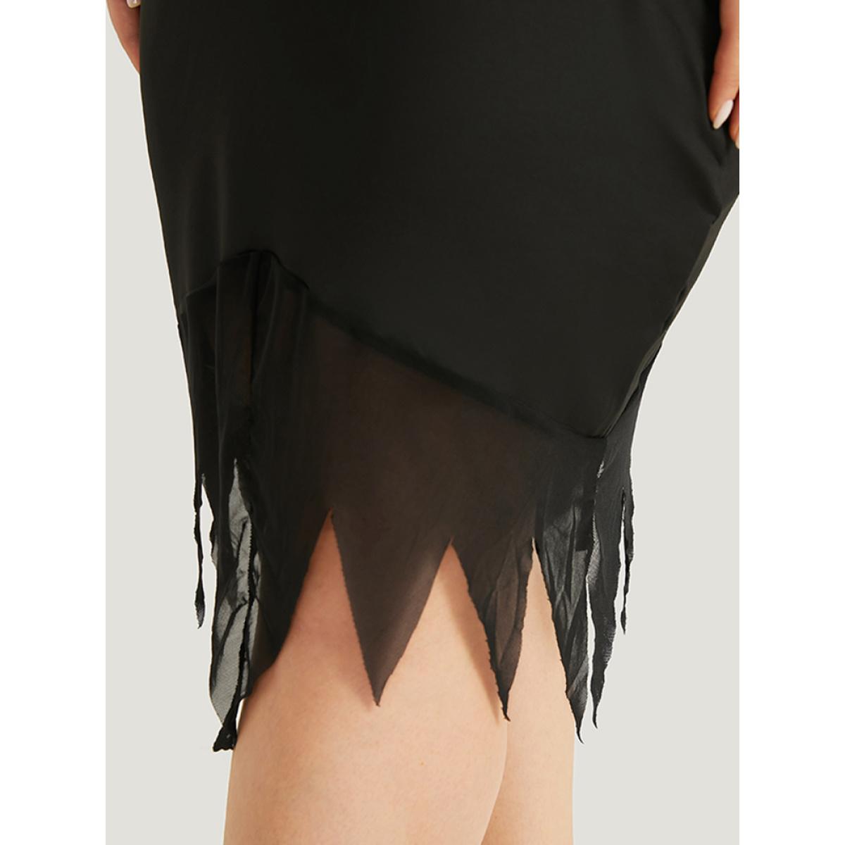 Plus Size Halloween Solid Mermaid Hem Mesh Bowknot Dress Black Women Casual Plain V-neck Sleeveless Curvy Knee Dress BloomChic 22-24/3X Product Image