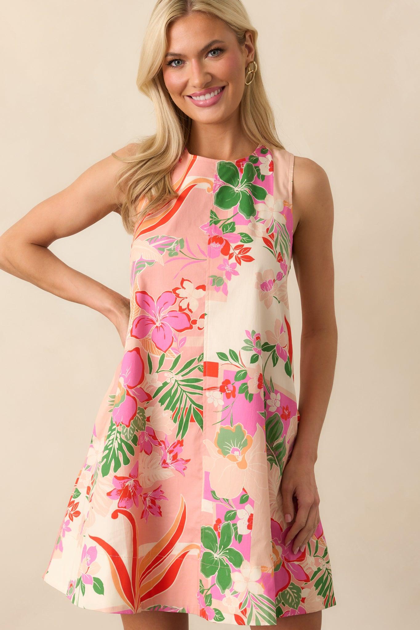 Glow From Within Pink Tropical Floral Cotton Mini Shift Dress Product Image