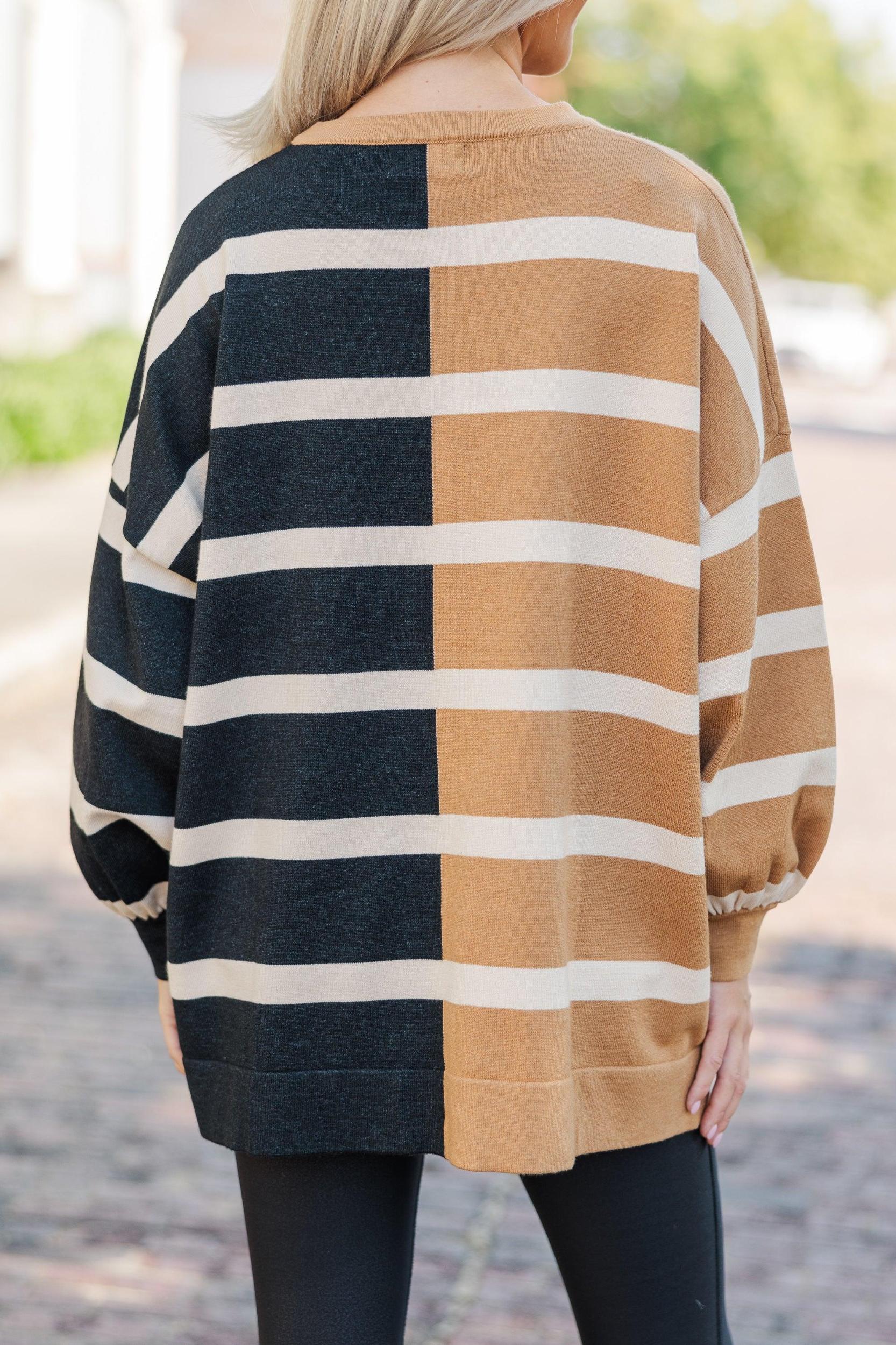 Live It Up Mocha/Black Striped Sweater Female Product Image