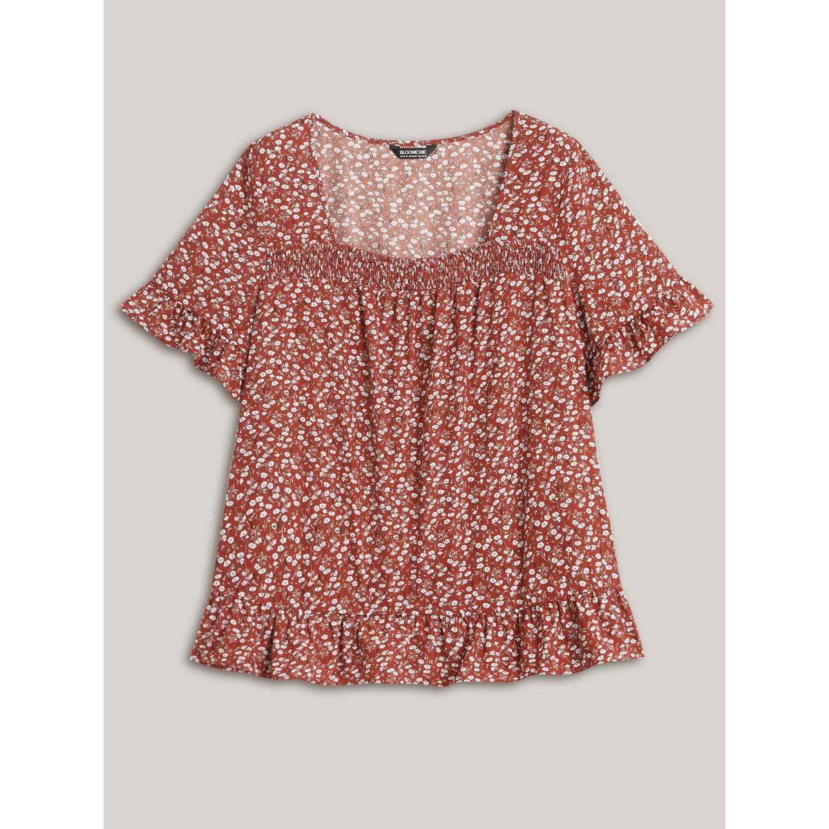 Plus Size Rust Ditsy Floral Print Ruffled Hem Blouse Women Half Sleeve Square Neck Everyday-Elegant Blouses BloomChic 22-24/3X Product Image