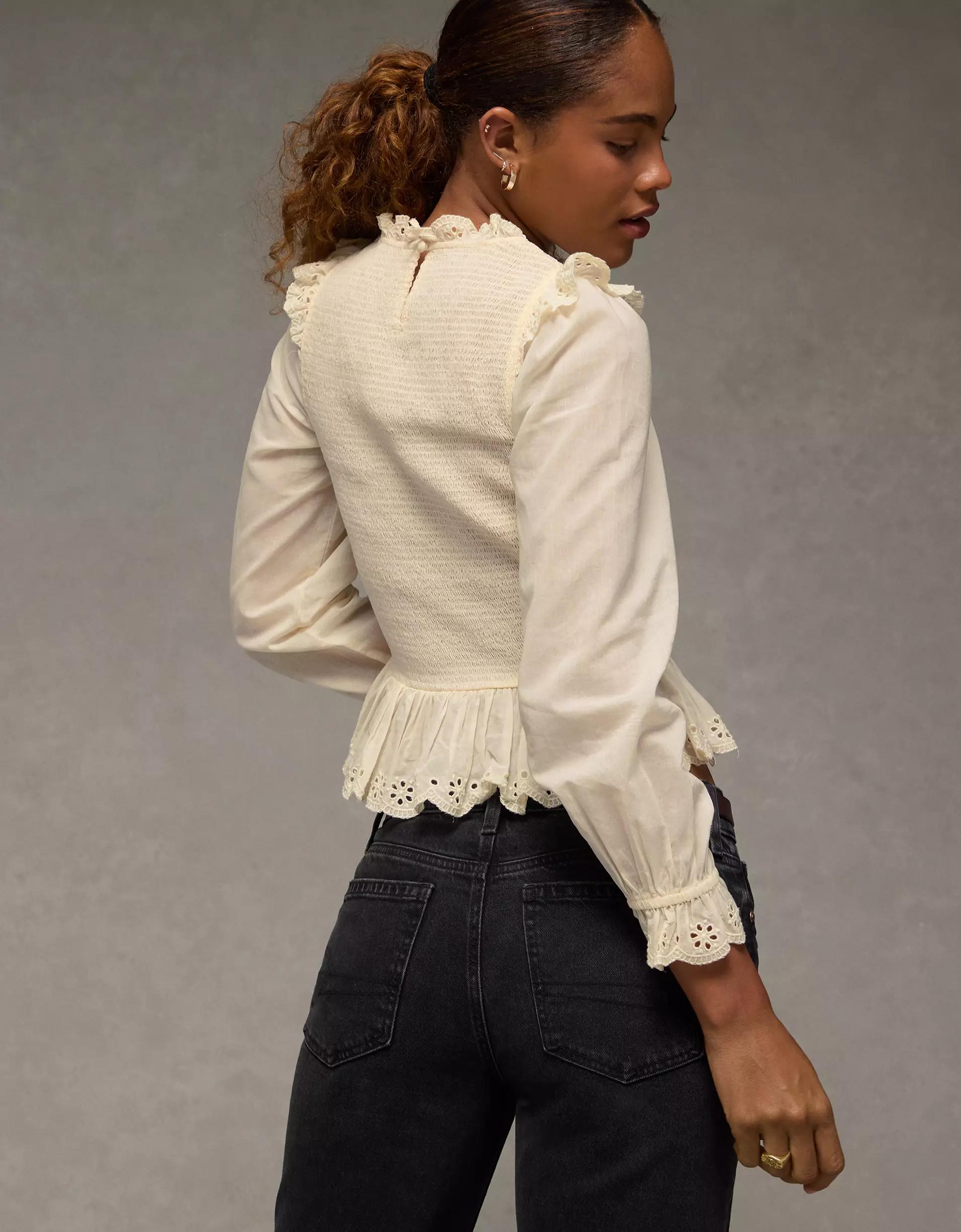 AE Long Sleeve Smocked Babydoll Blouse Product Image