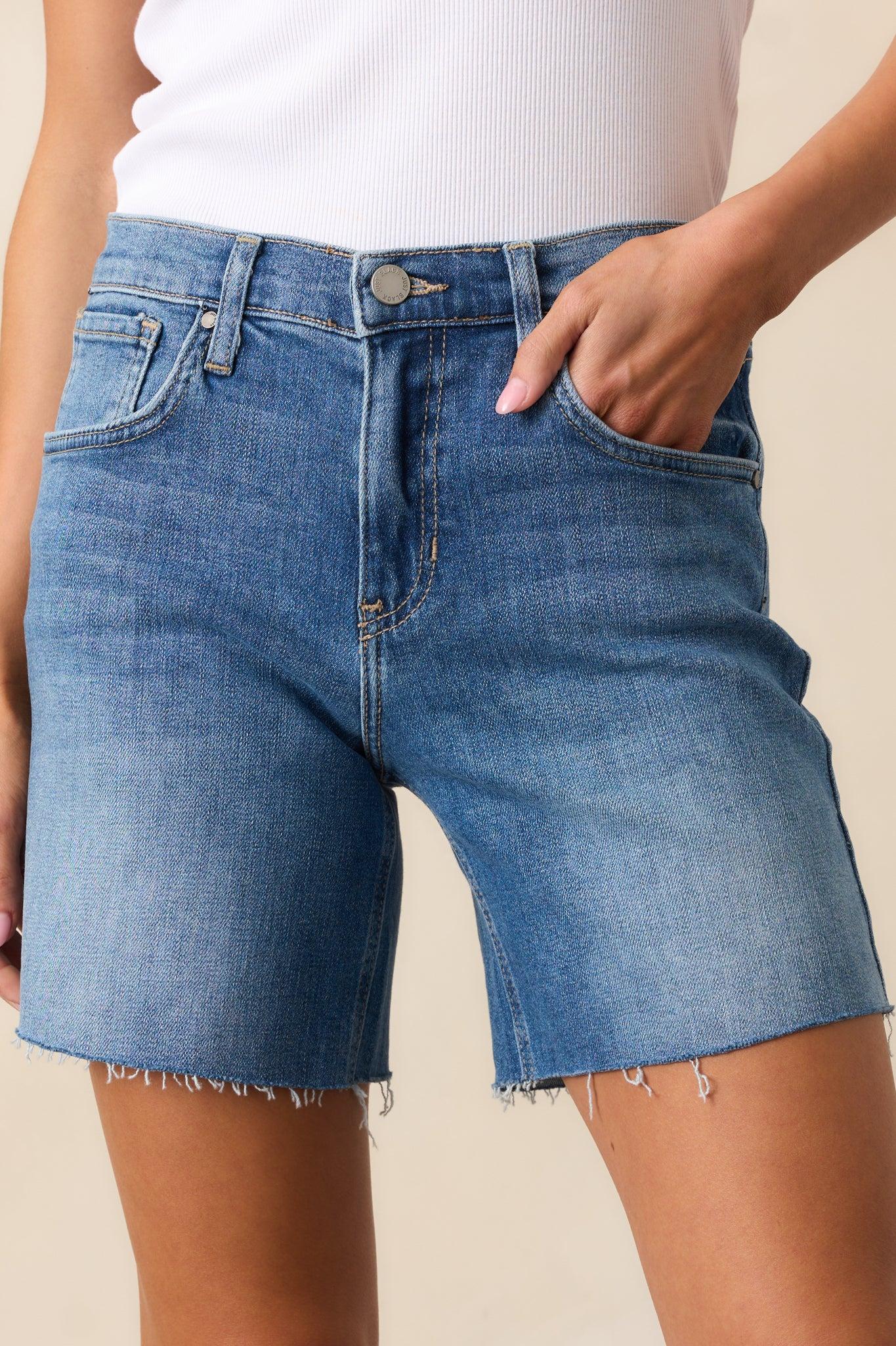 Living Lightly Medium Wash Cotton High Waisted Denim Bermuda Shorts Product Image