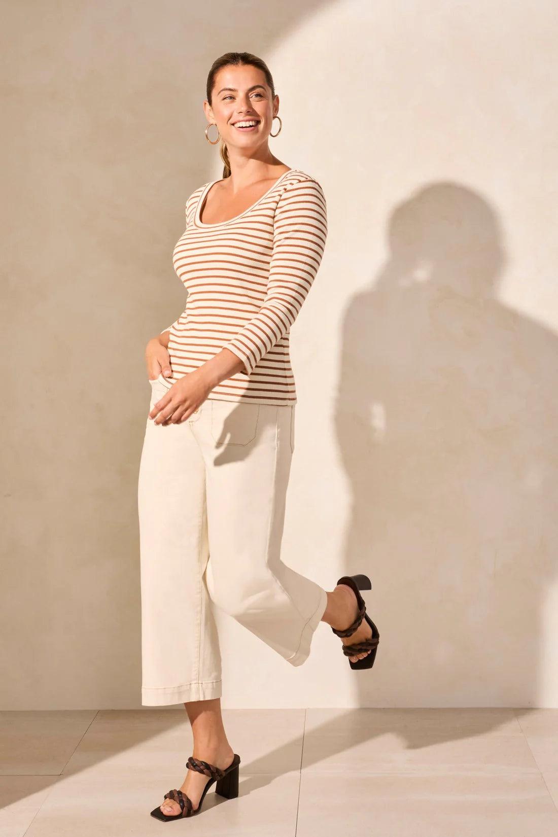 3/4 Sleeve Wide Crew Neck Top- Desert Sand Stripe Product Image