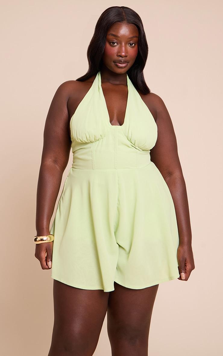 Plus Pale Lime Chiffon Halterneck Corset Detail Skort Romper Product Image
