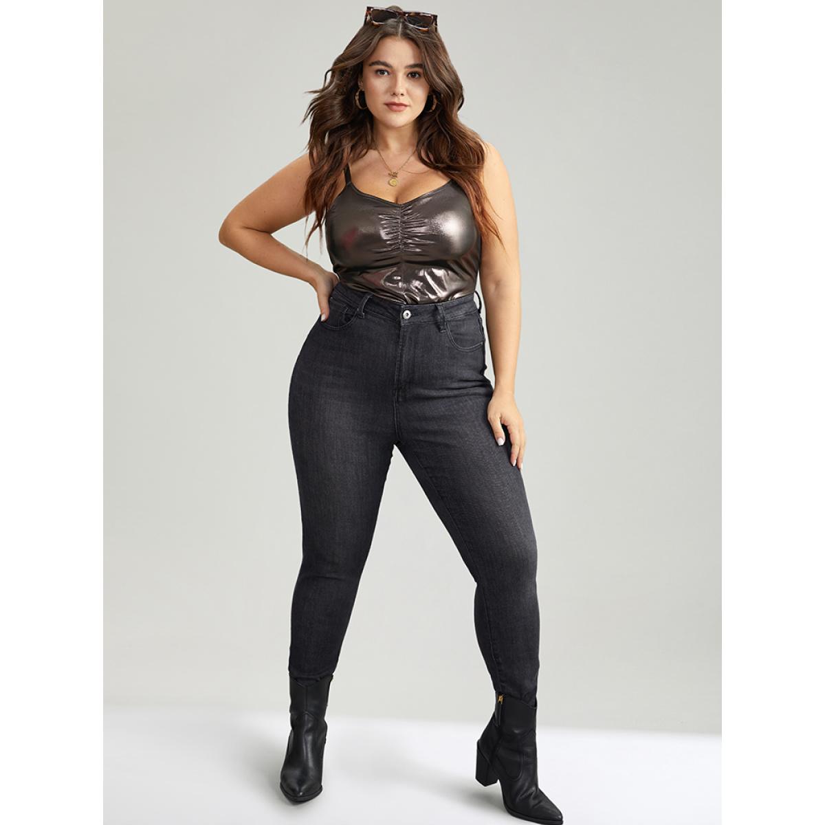 Plus Size Solid Patchwork Ruched Adjustable Straps Bodysuit Women Black Plain Gathered Bodysuits BloomChic 10/M Product Image