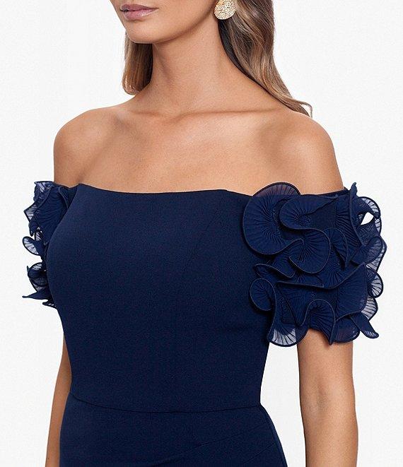 Xscape Rosette Off-the-Shoulder Short Sleeve Ruffle Ruched Waist Gown Product Image