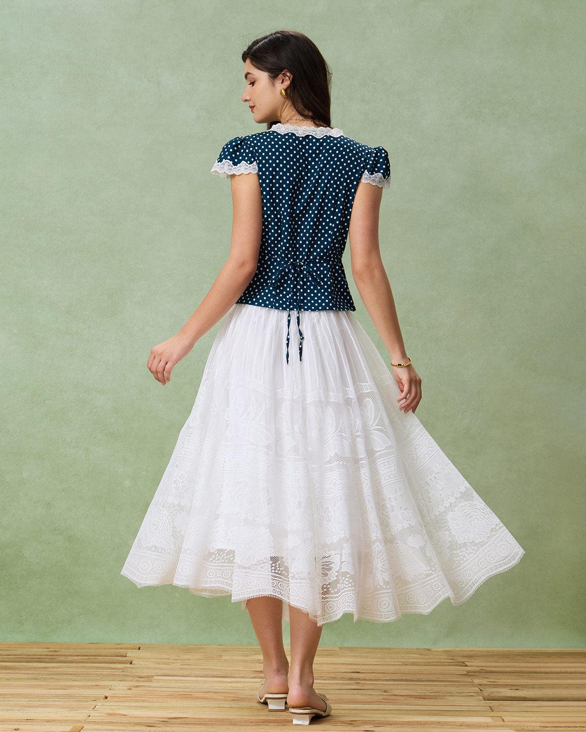 Blue Polka Dot Lace Trim Blouse Product Image