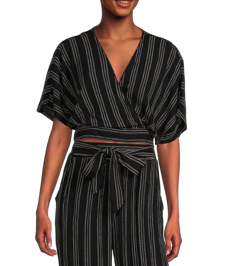 Angie Printed Surplus V-Neck Flutter Sleeve Wrap Cropped Top Product Image