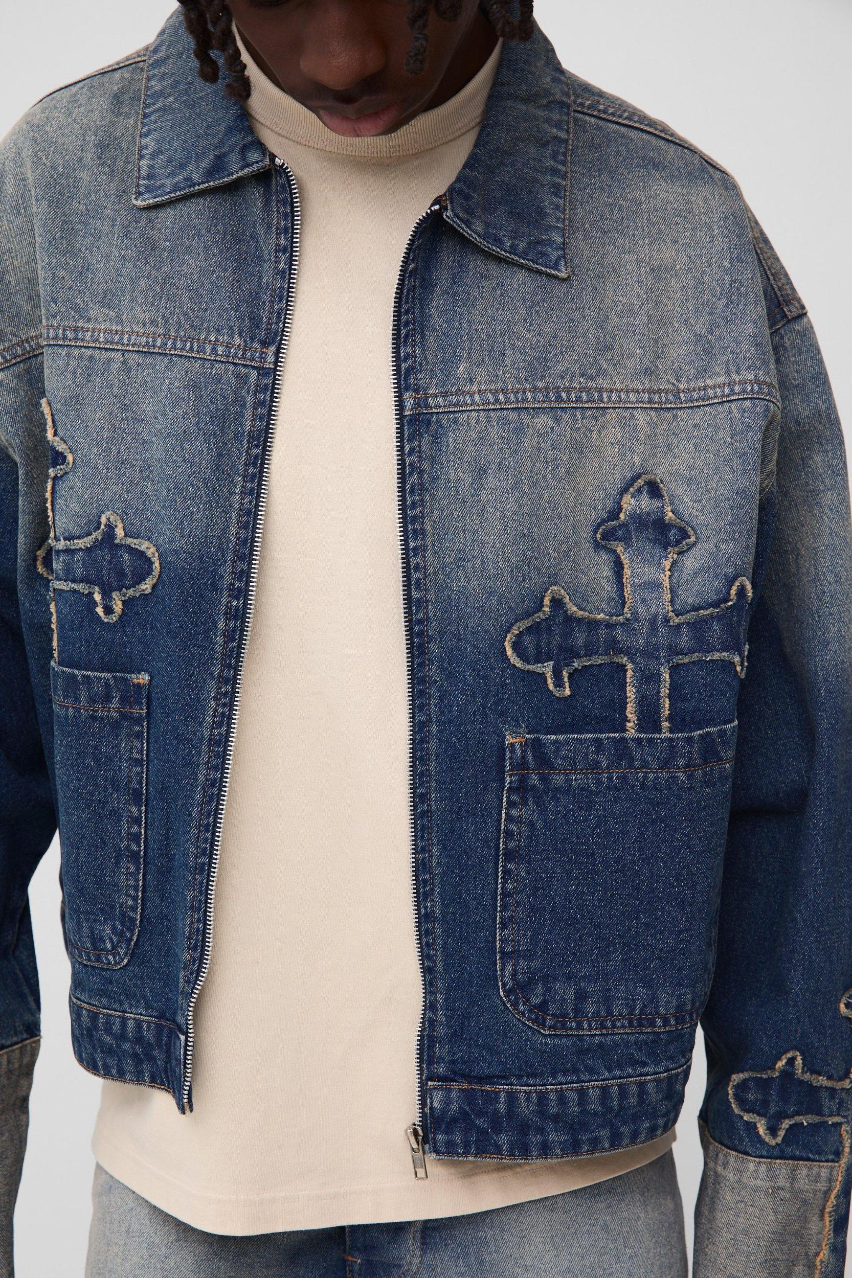 Boxy Fit Cross Applique Denim Bomber Jacket | boohooMAN USA Product Image